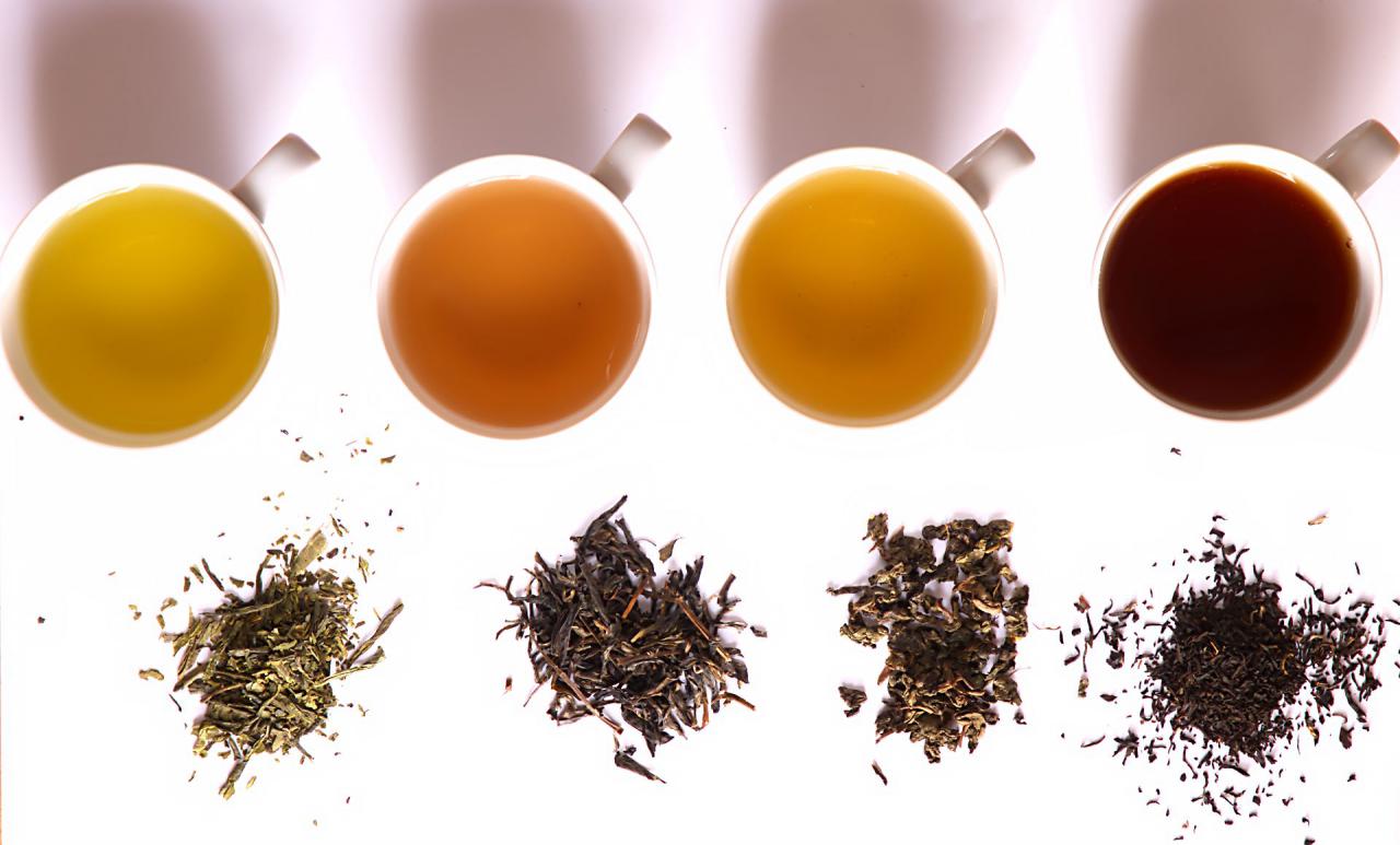 Tea of different fermentation: From left to right: Green tea (Bancha from Japan), Yellow tea (Kekecha from China), Oolong tea (Kwai flower from China) and Black tea (Assam Sonipur Bio FOP from India)