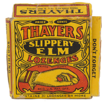 Thayers slippery elm lozenges packaging, 1902